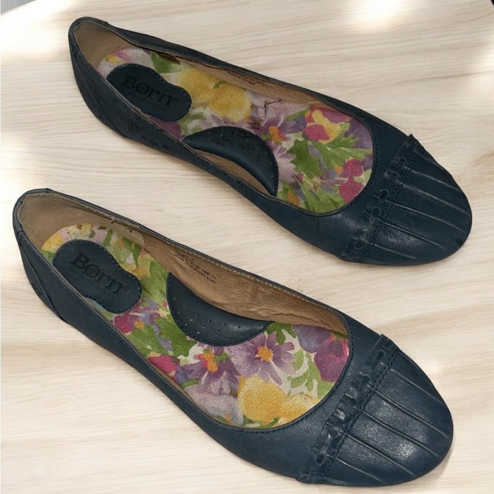 Born Black Leather Pleated Flats with Floral Insole